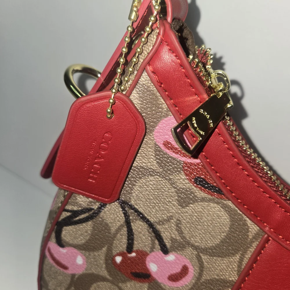 COACH Cherry-Print Signature Canvas Hobo Bag in Red - Picture 3 of 7
